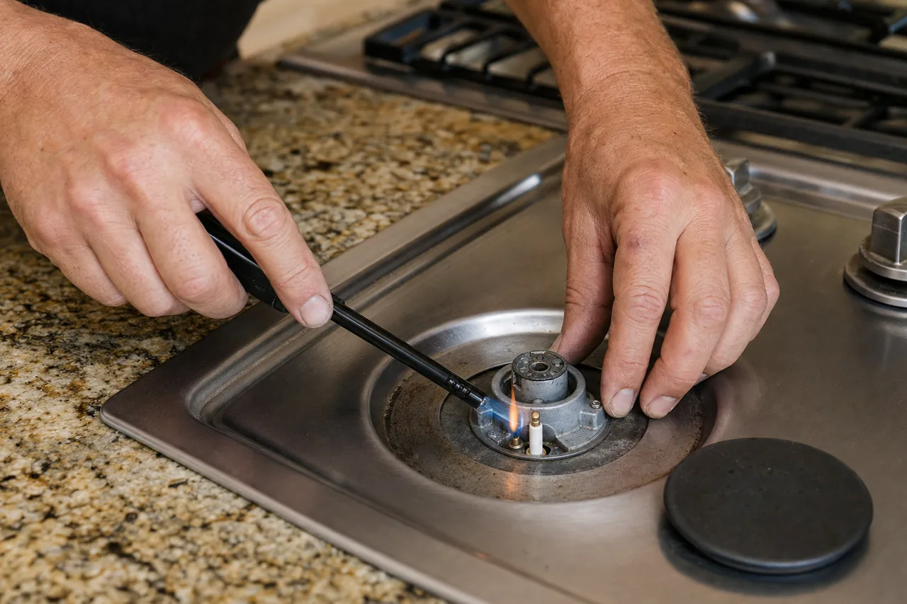 Technician adjusting a gas cooktop burner in a Harrison kitchen