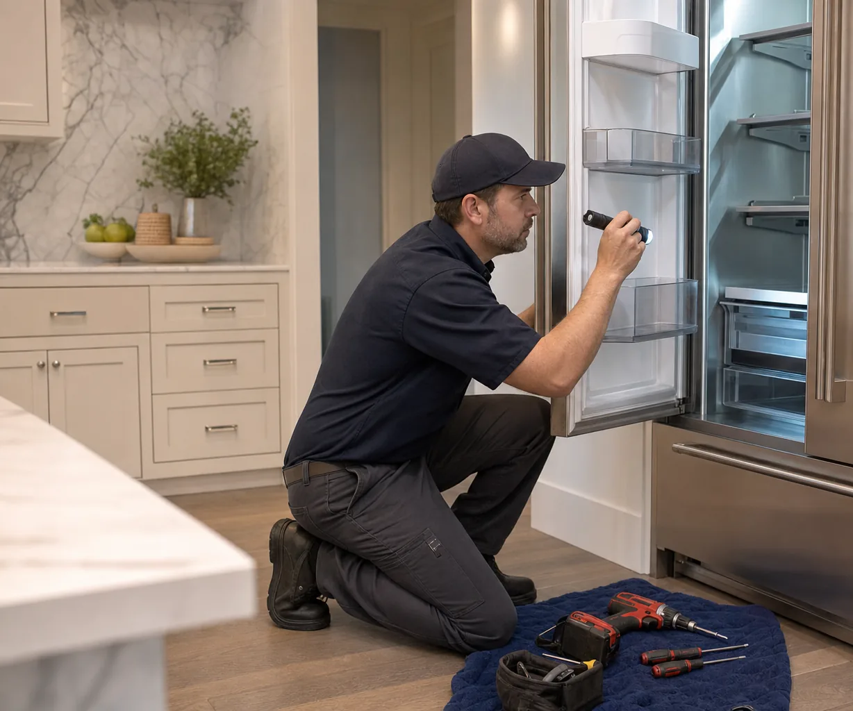 Technician repairing a built-in refrigerator up close
