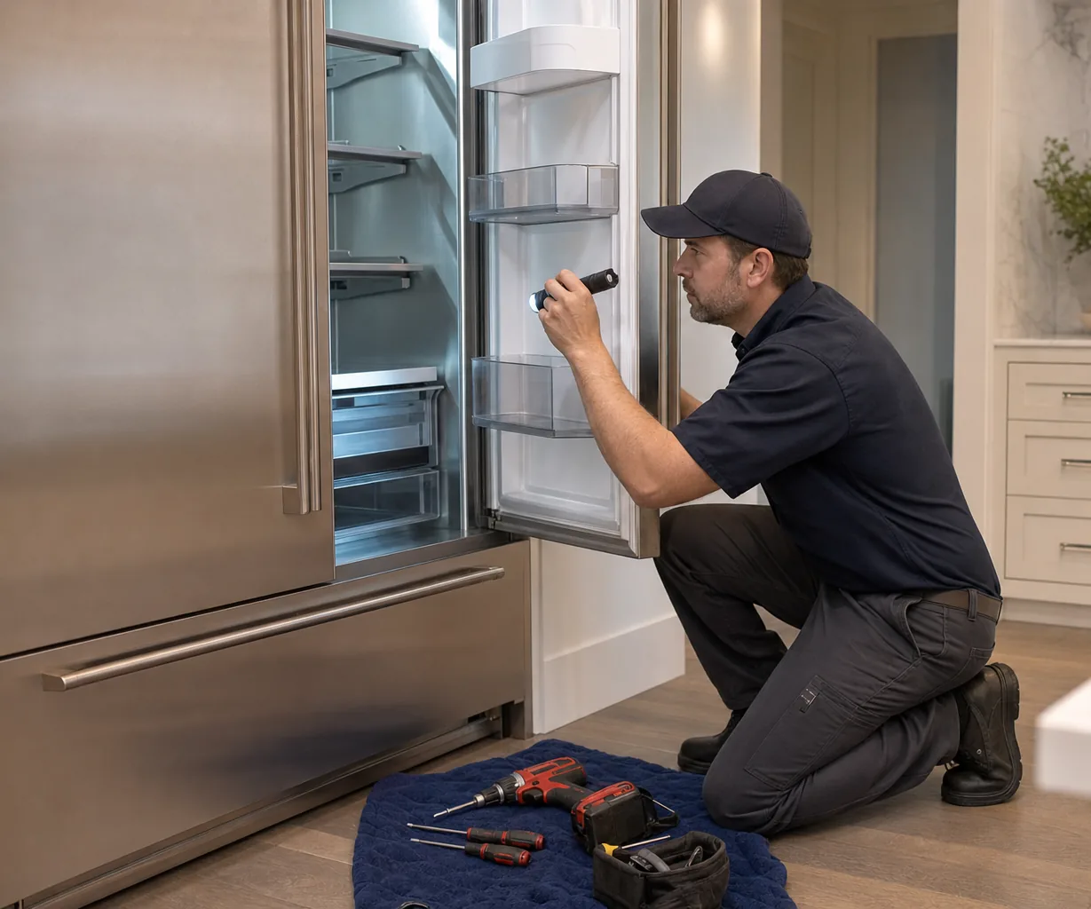 Technician repairing a built-in refrigerator up close