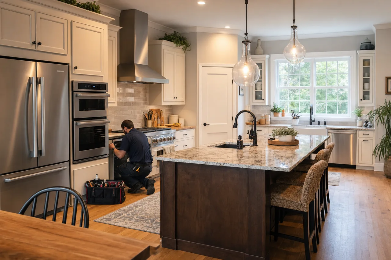 A luxury kitchen with built-in stainless appliances mid-repair