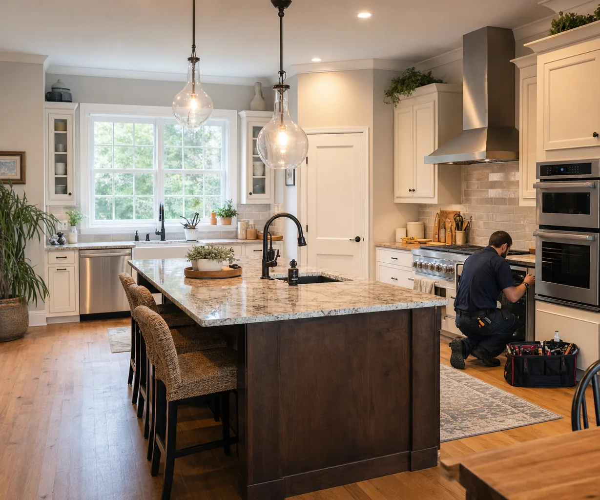 A luxury kitchen with built-in stainless appliances mid-repair