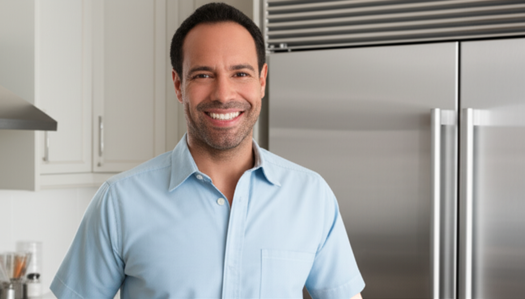 Satisfied customer with repaired luxury appliance