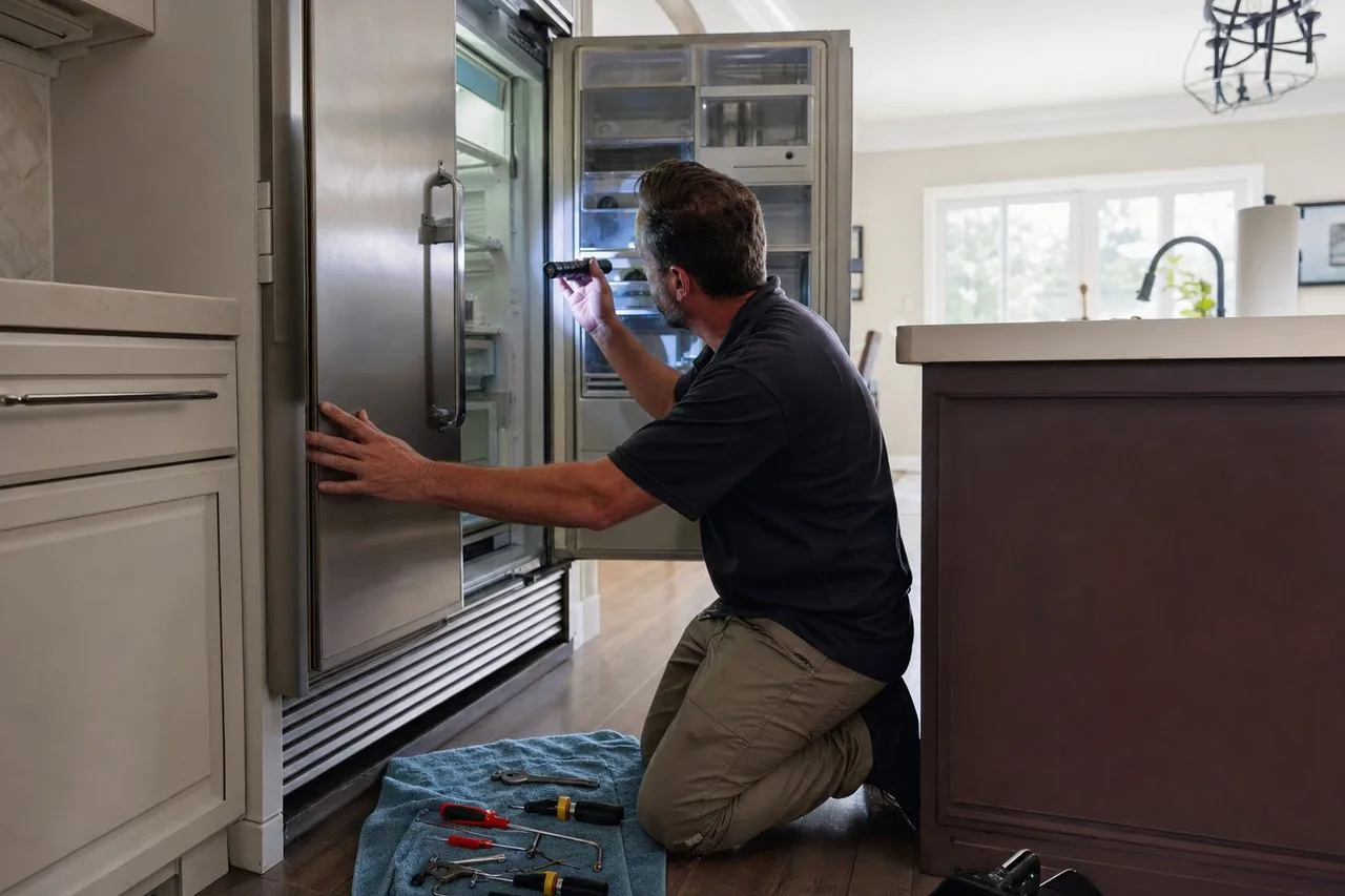 Technician repairing a built-in Sub-Zero refrigerator mid-repair