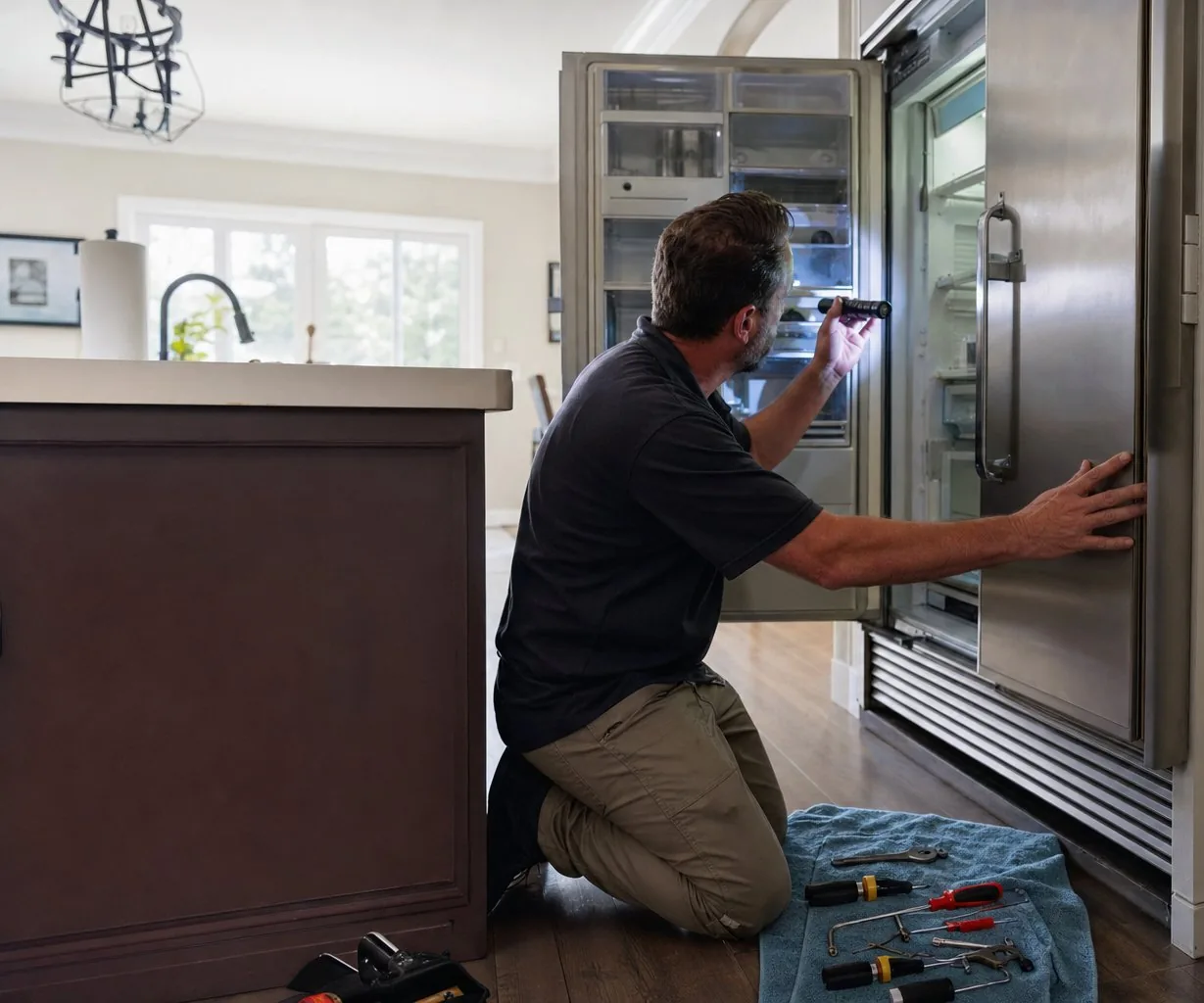 Technician repairing a built-in Sub-Zero refrigerator up close