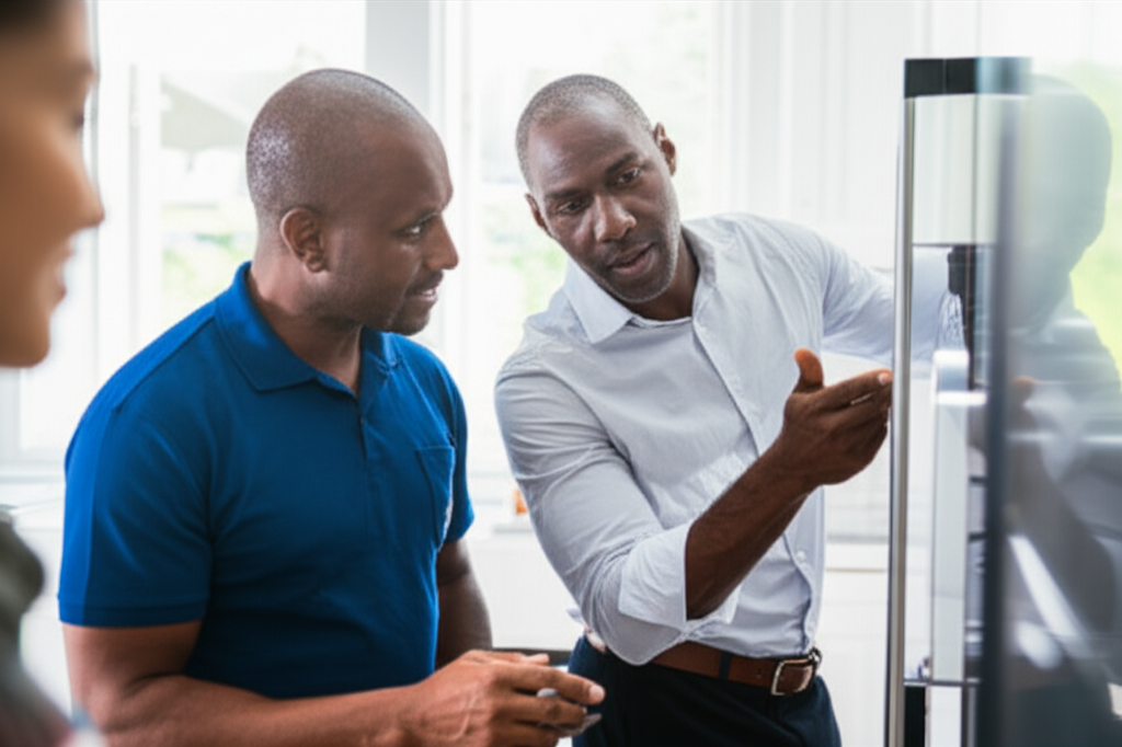 Technician consulting with homeowner about appliance repair