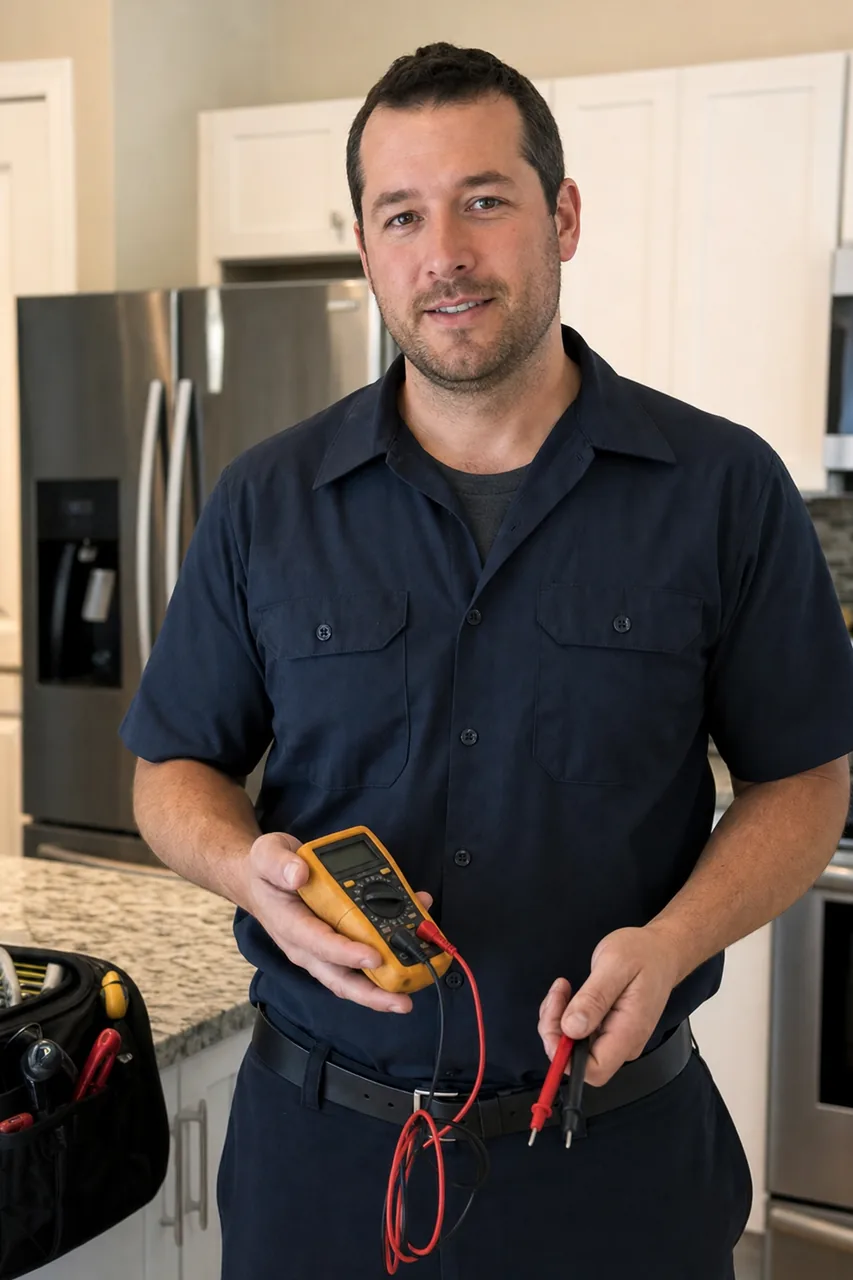 An appliance repair technician in a Harrison kitchen holding a multimeter