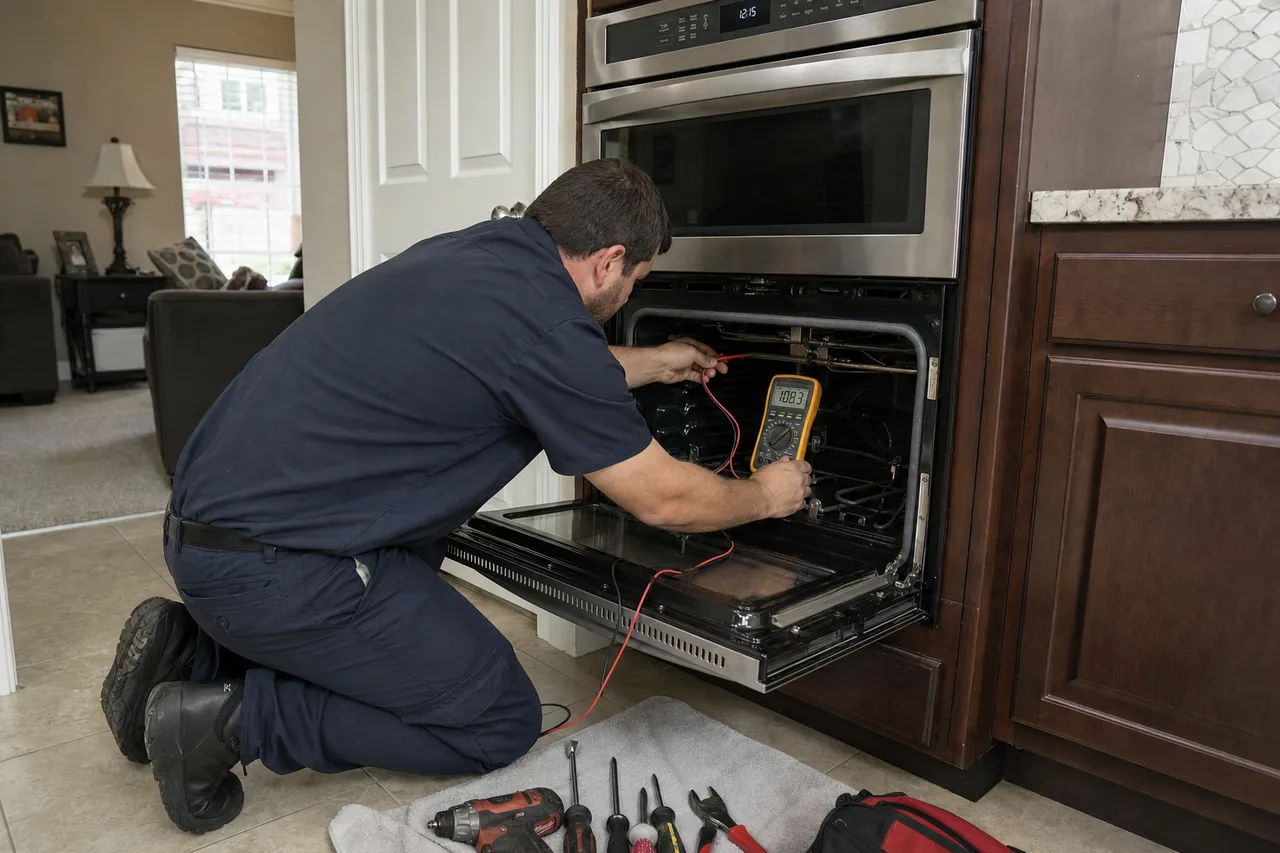 Technician servicing a built-in wall oven