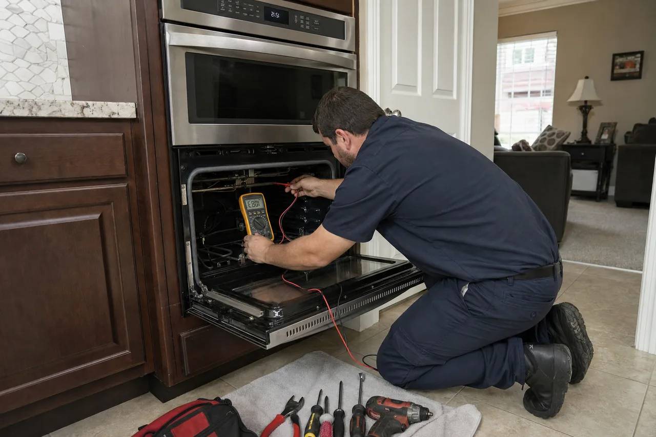 Technician servicing a built-in wall oven in a Harrison kitchen