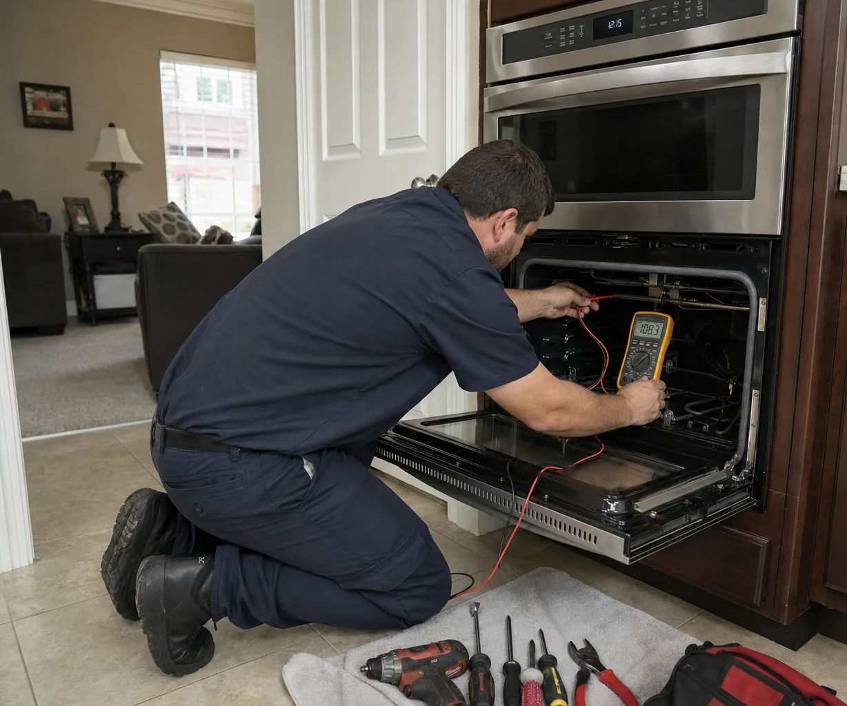 Technician servicing a built-in wall oven up close